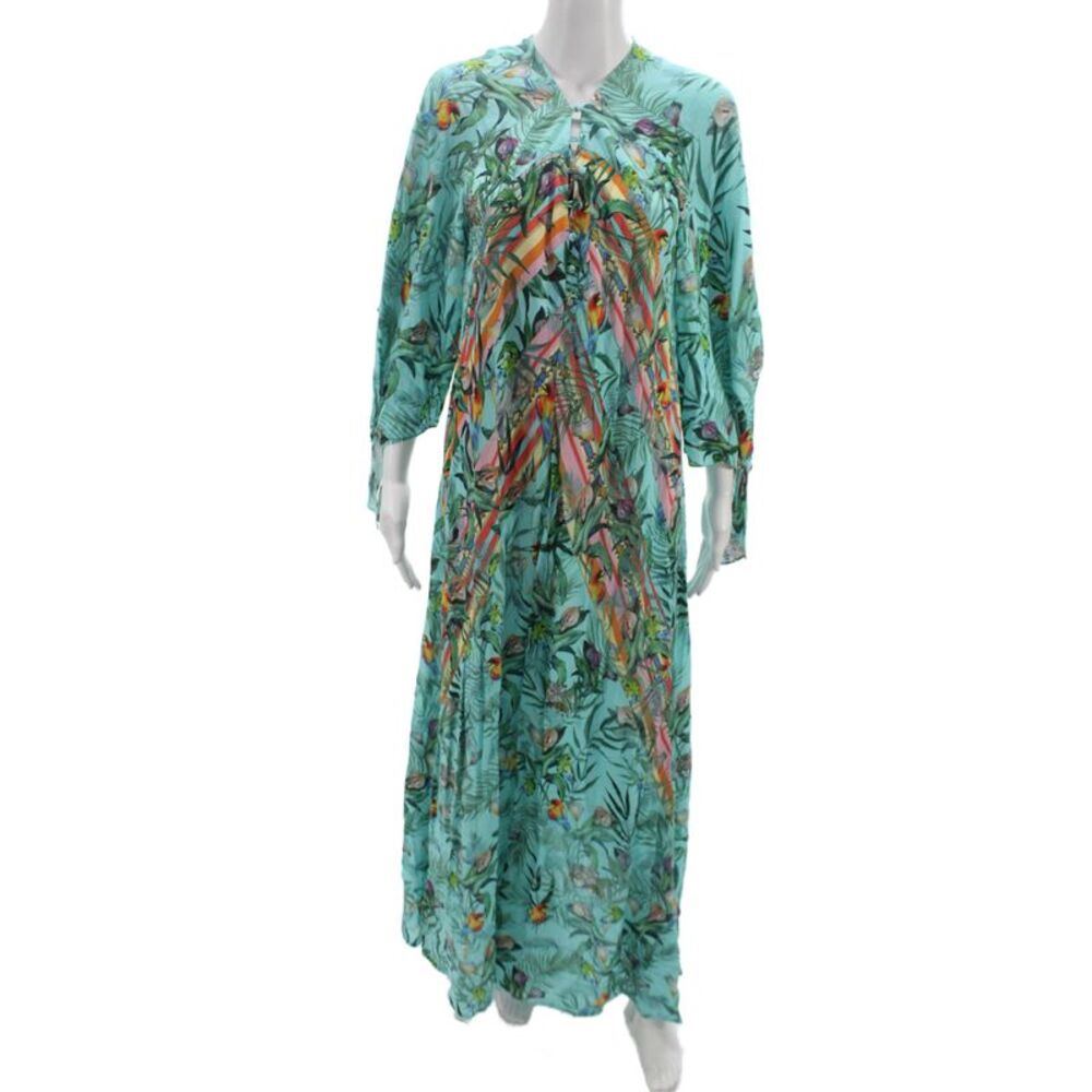 Johnny Was Women Kaftan Maxi Dress Light Blue Floral V Neck 3/4 Sleeve Size M